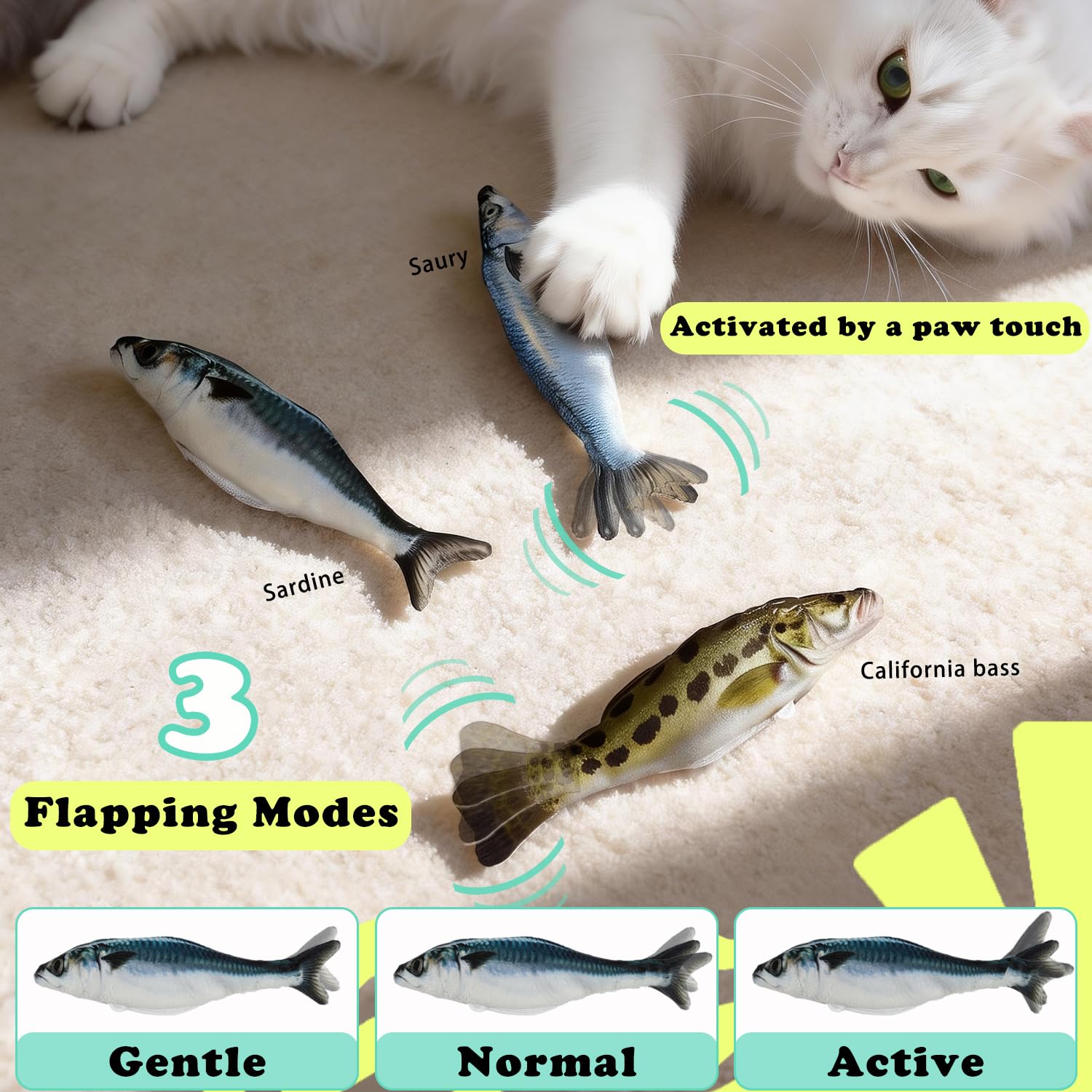 Satauko Realistic Floppy Fish Cat Toys, 3 Pack Mini-Sized, Moving Toys