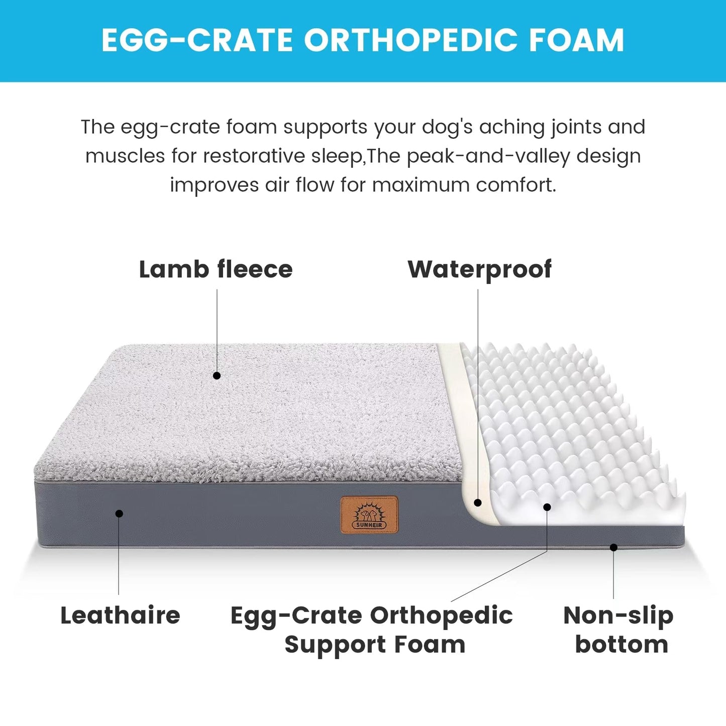 Sunheir Orthopedic Dog Bed for Large Dogs Big Waterproof Dog Crate Bed