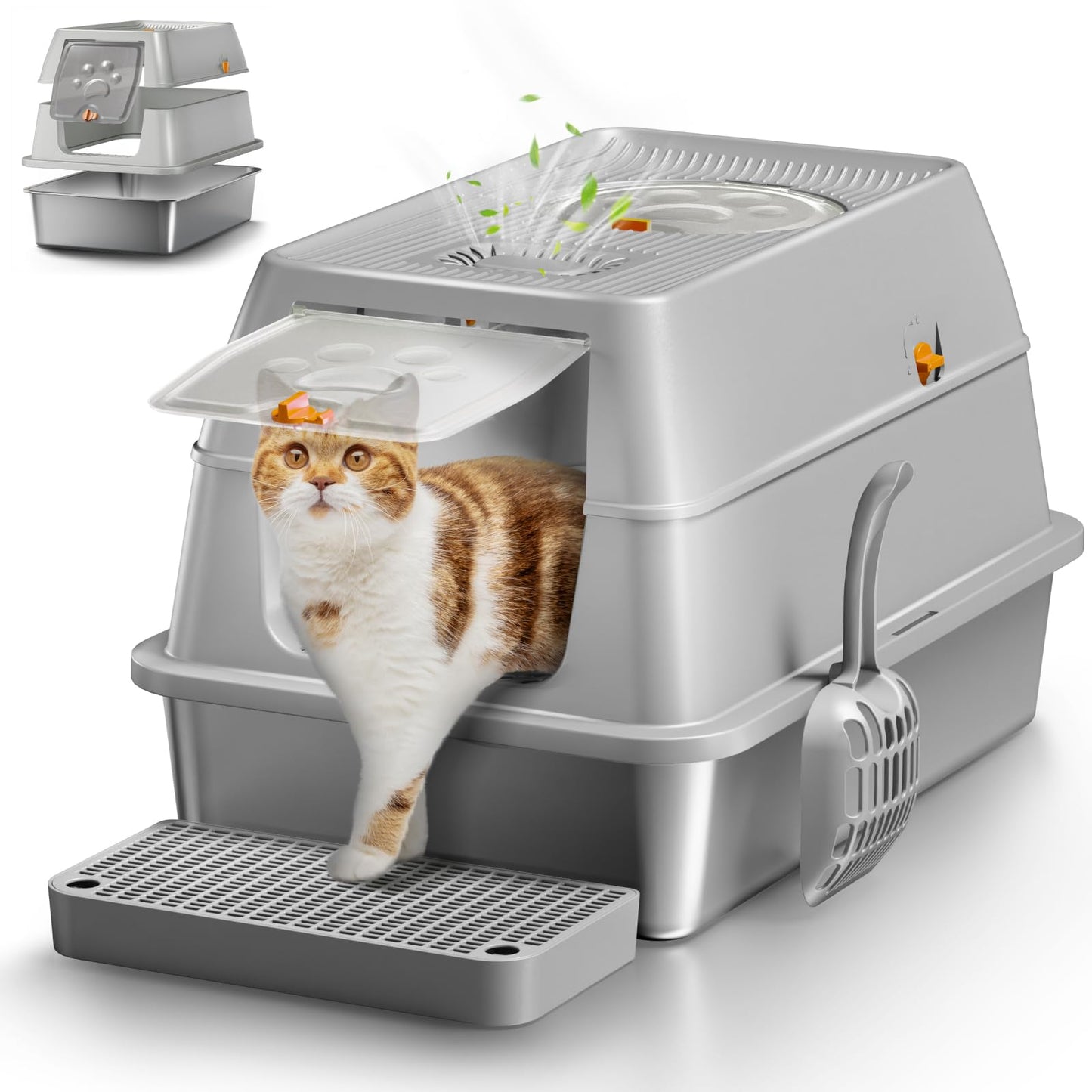 Eosarcu Stainless Steel Cat Litter Box with Lid, XL Large Enclosed Box