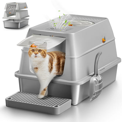 Eosarcu Stainless Steel Cat Litter Box with Lid, XL Large Enclosed Box