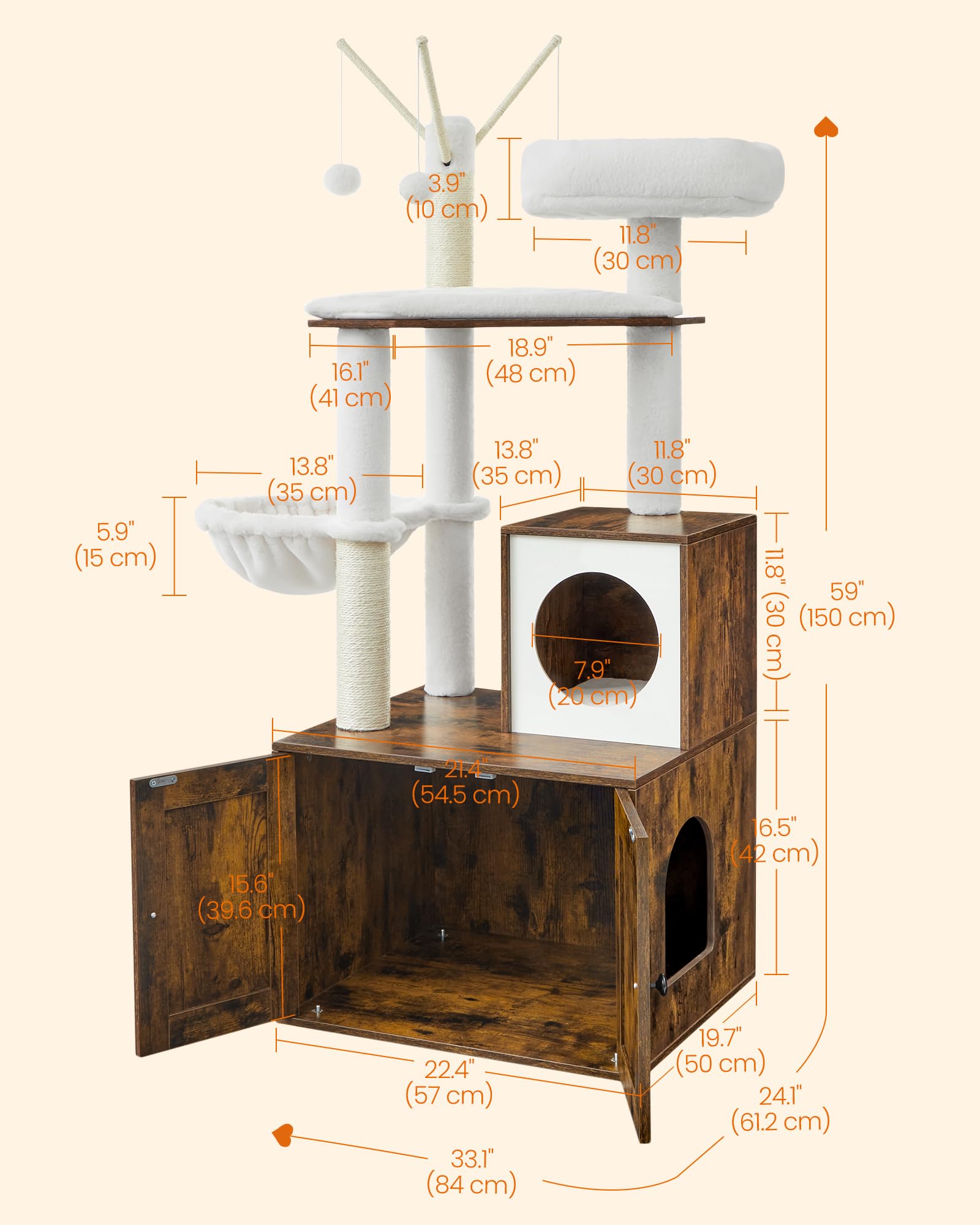 Feandrea Cat Tree with Litter Box Enclosure, 59-Inch Modern Cushion