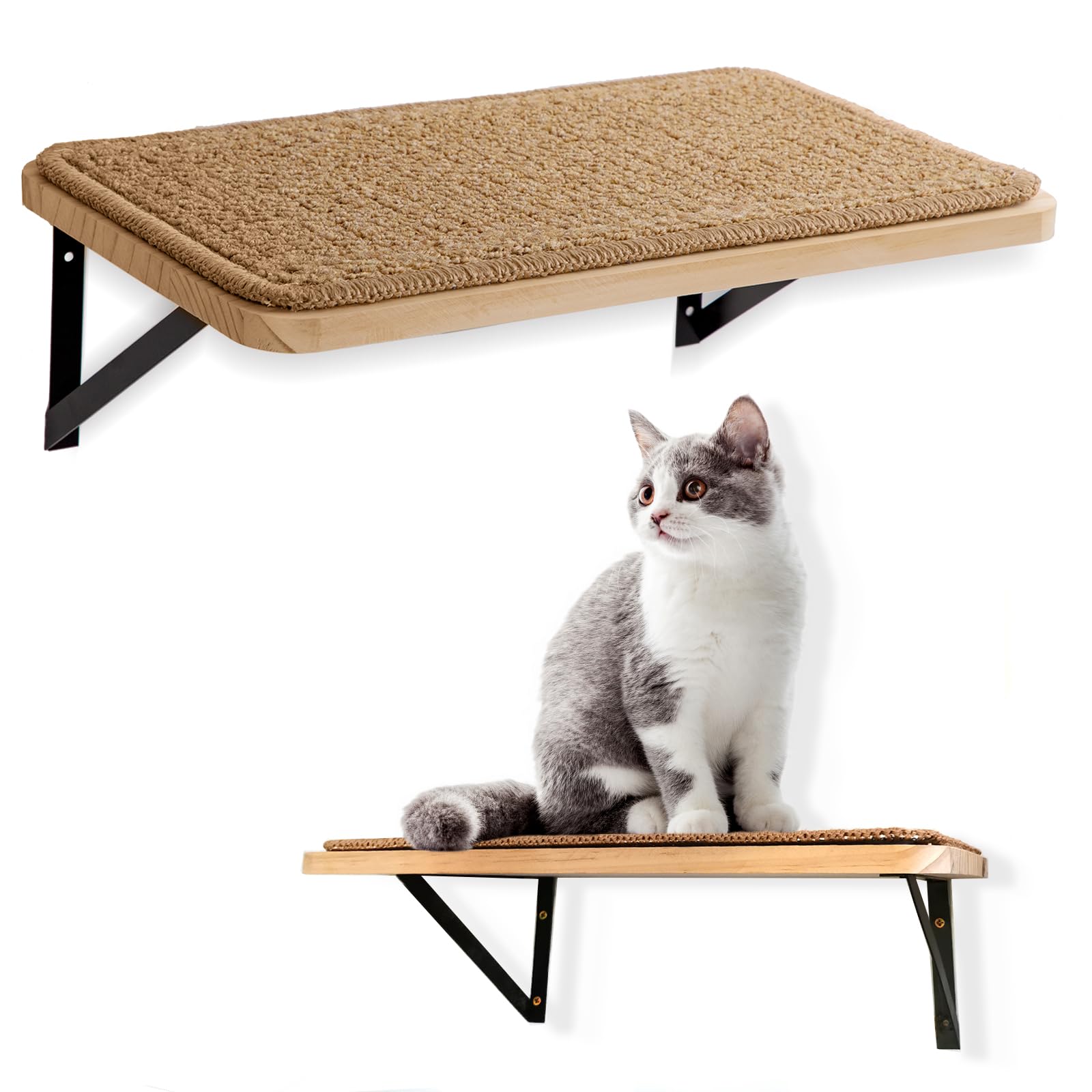 Ewenono 2Pack Wooden Cat Wall Shelves with Sisal Mat, Cat Wall Bed