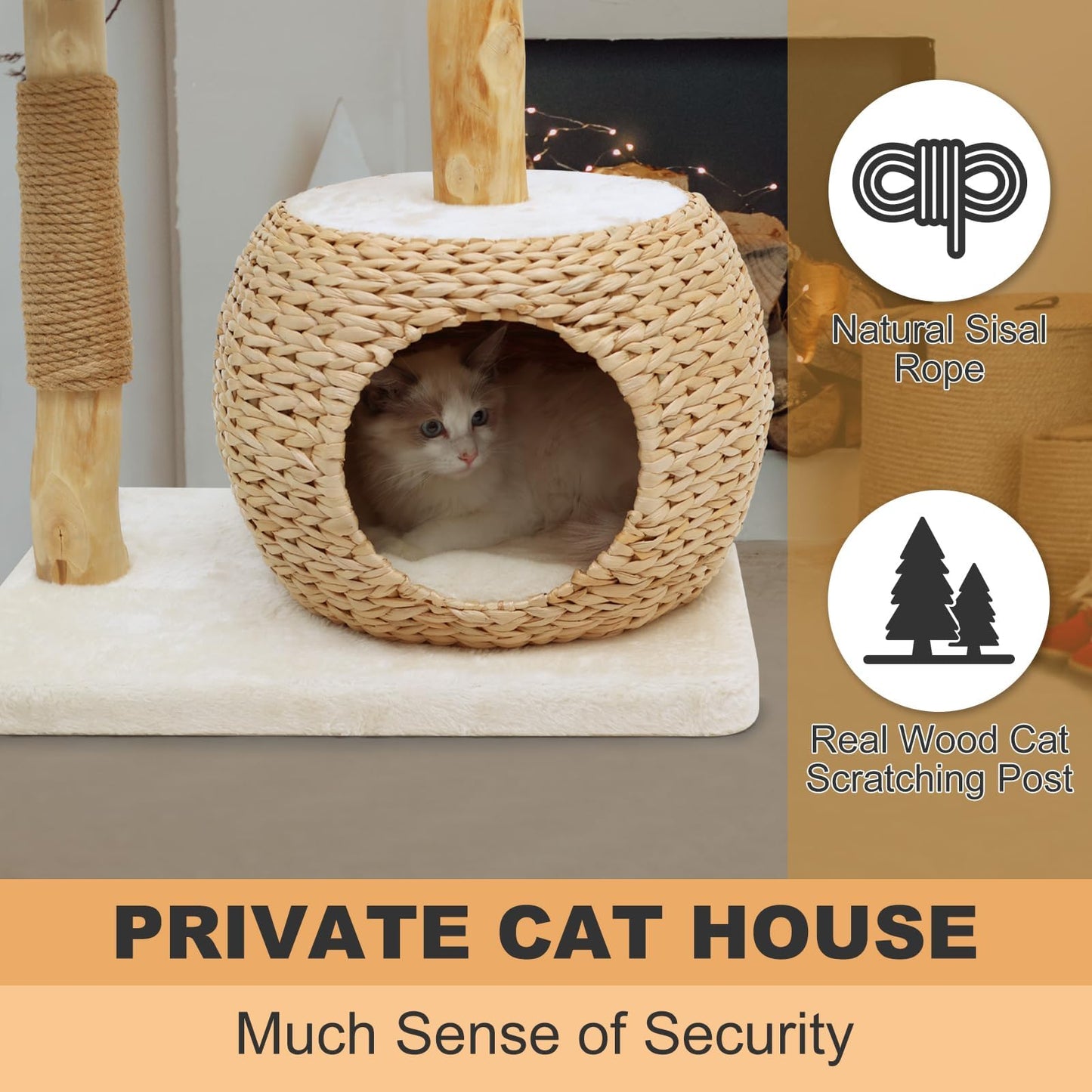 KULAMOON Modern Cat Tree Tower for Indoor Cats, Real Branch Ball