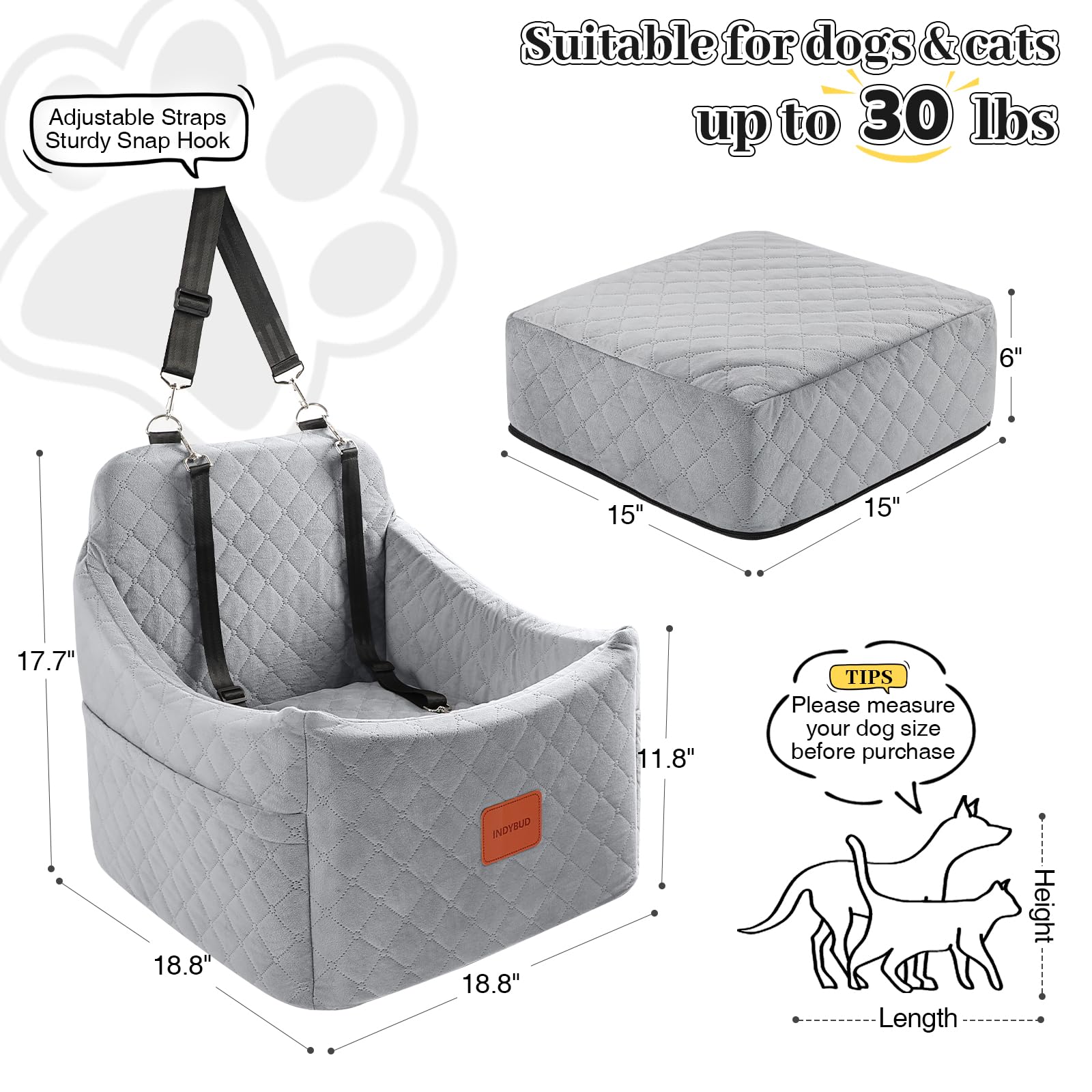 INDYBUD Dog Car Seat for Small/Medium Dogs up to Memory Foam Seat