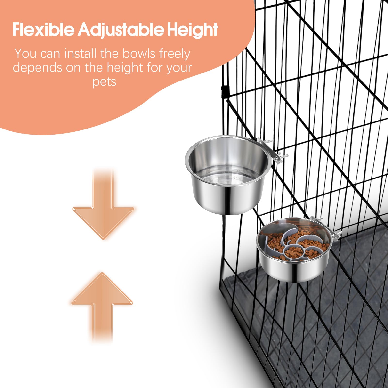2 Pcs Large Pet Dog Food Water Bowl with Slow Feeder Insert for Cage