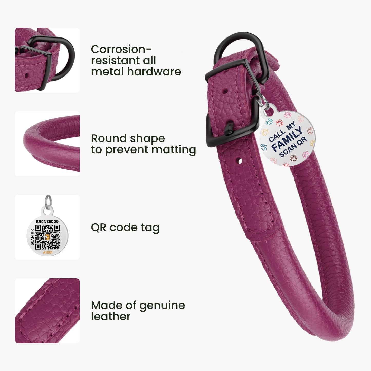 Rolled Leather Dog Collar Soft Round Design Prevents Tangling Collar