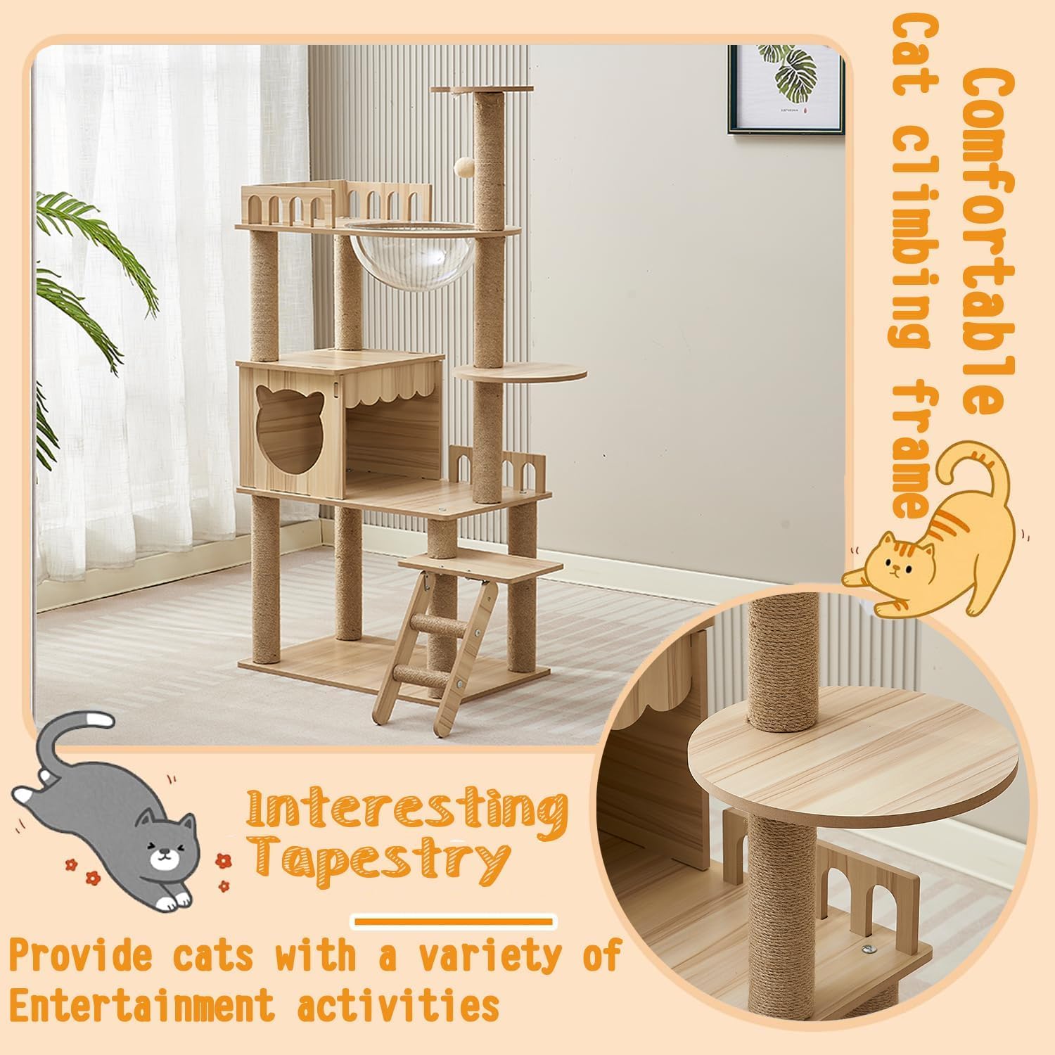 54-Inch Cat Tower,Multi-Level Pure Wood-Modern Cat Tree Tower Toy