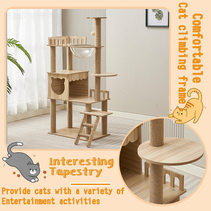 54-Inch Cat Tower,Multi-Level Pure Wood-Modern Cat Tree Tower Toy