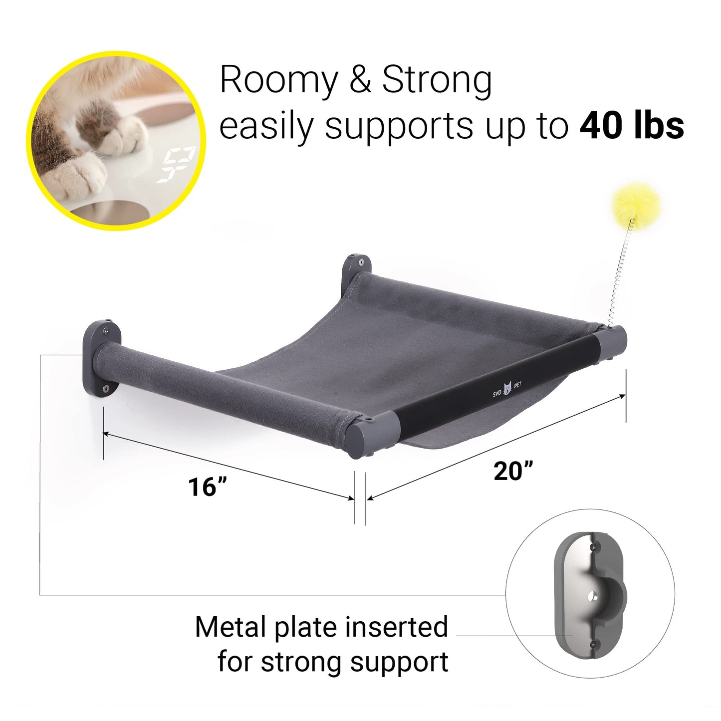 SVD.PET Cat Hammock Wall Mounted with Toy, Soft Padded Comfortable Toy