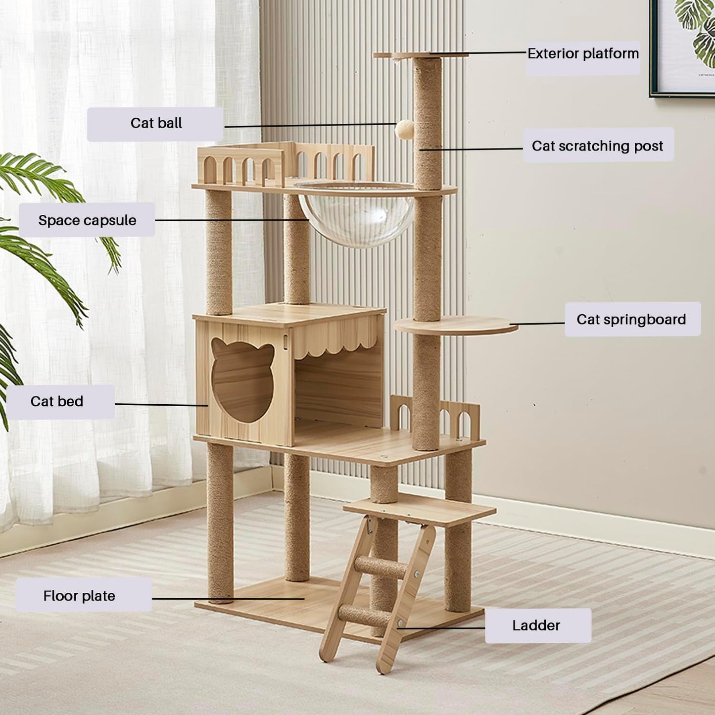 54-Inch Cat Tower,Multi-Level Pure Wood-Modern Cat Tree Tower Toy
