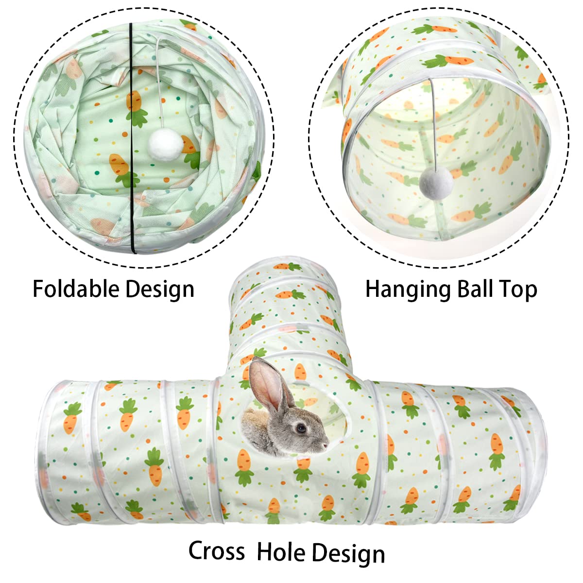 Vehomy Bunny Rabbit Tunnels Rabbit Cat 3 Way Collapsible Tunnel