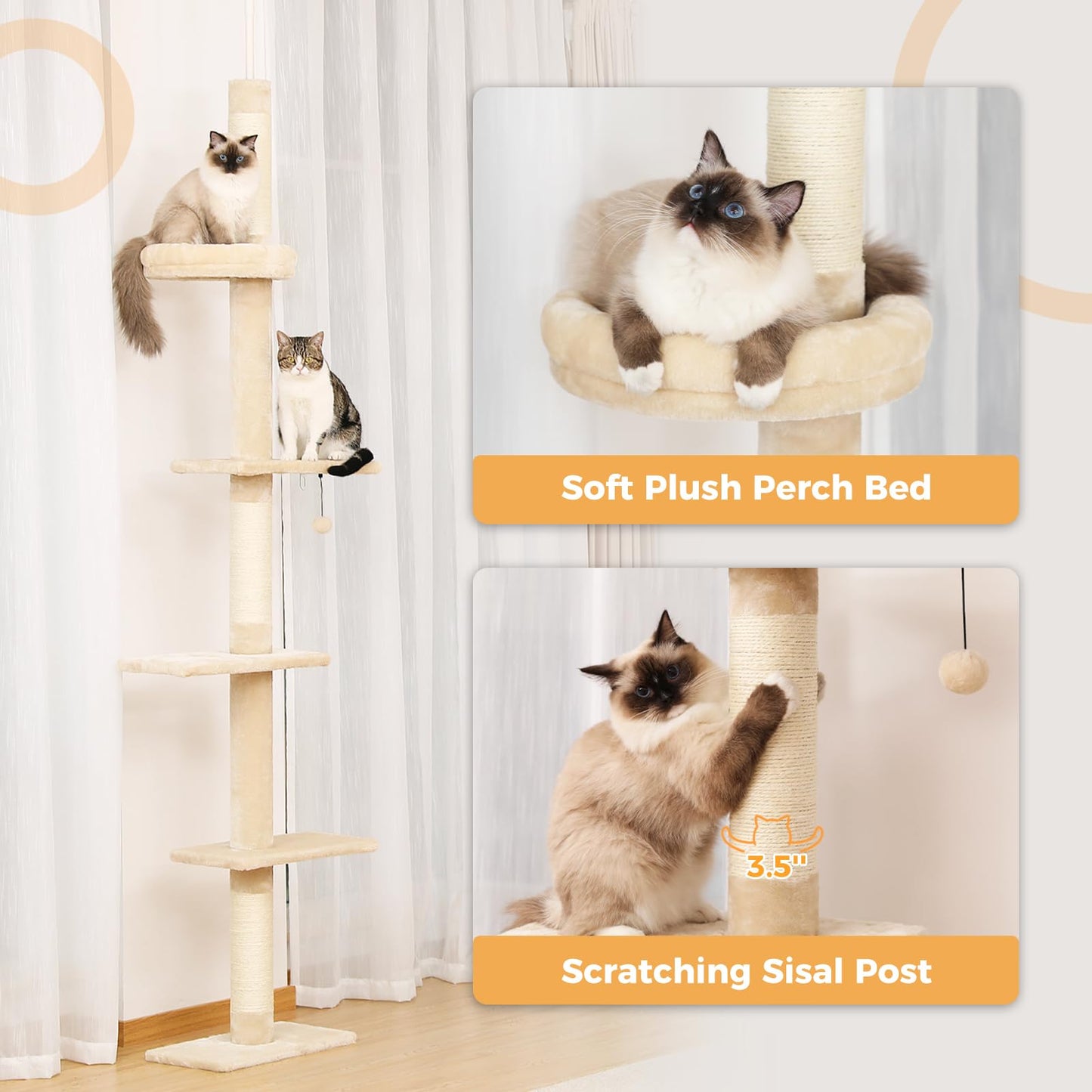 PETEPELA Floor to Ceiling Cat Tree, Cat Tower 5-Tier Height(95