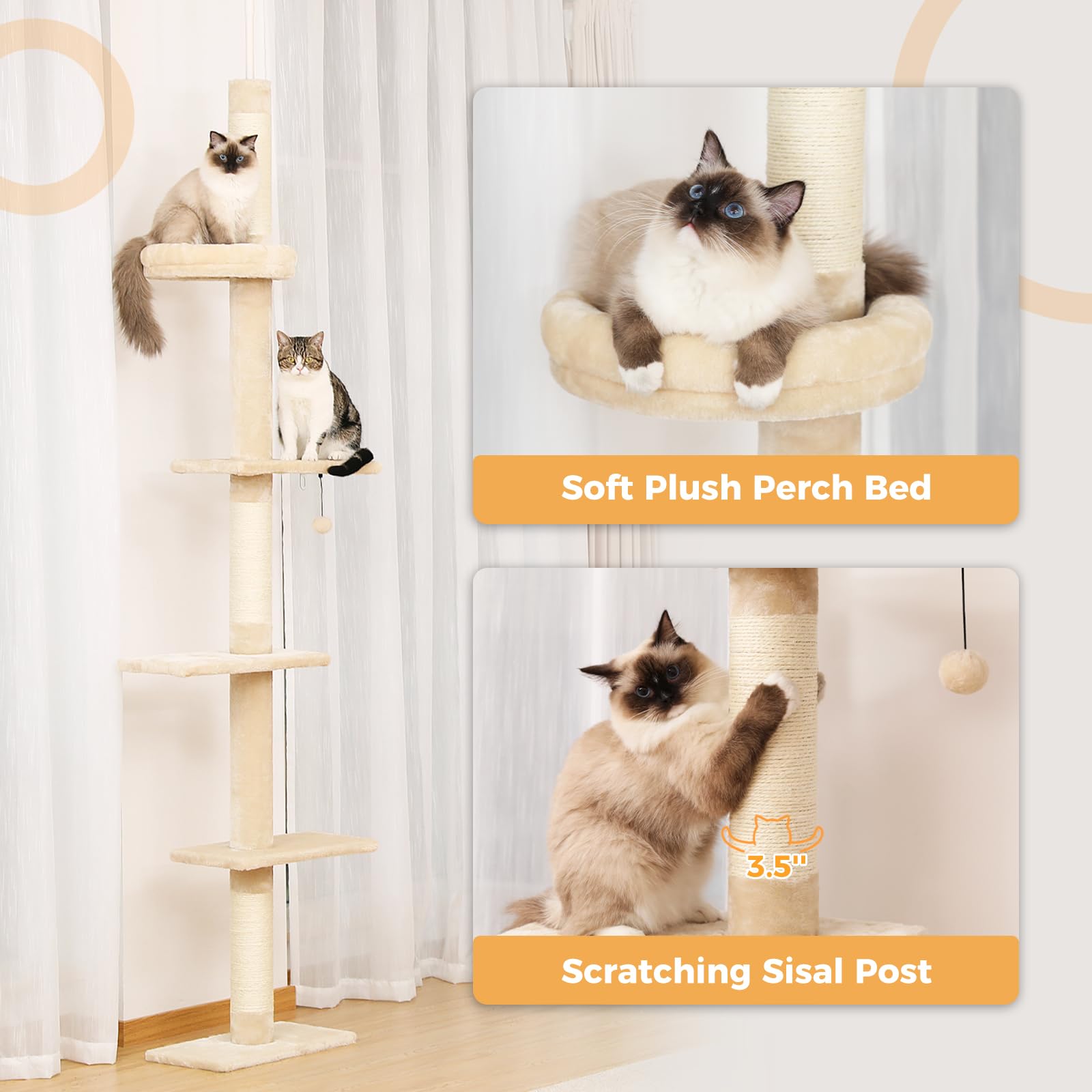 PETEPELA Floor to Ceiling Cat Tree, Cat Tower 5-Tier Height(95