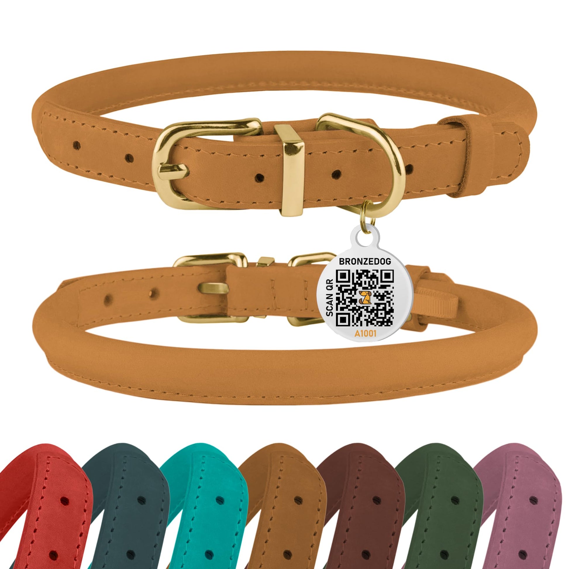BronzeDog Rolled Leather Dog Collar with QR ID Tag, Adjustable Collar