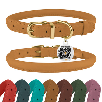 BronzeDog Rolled Leather Dog Collar with QR ID Tag, Adjustable Collar