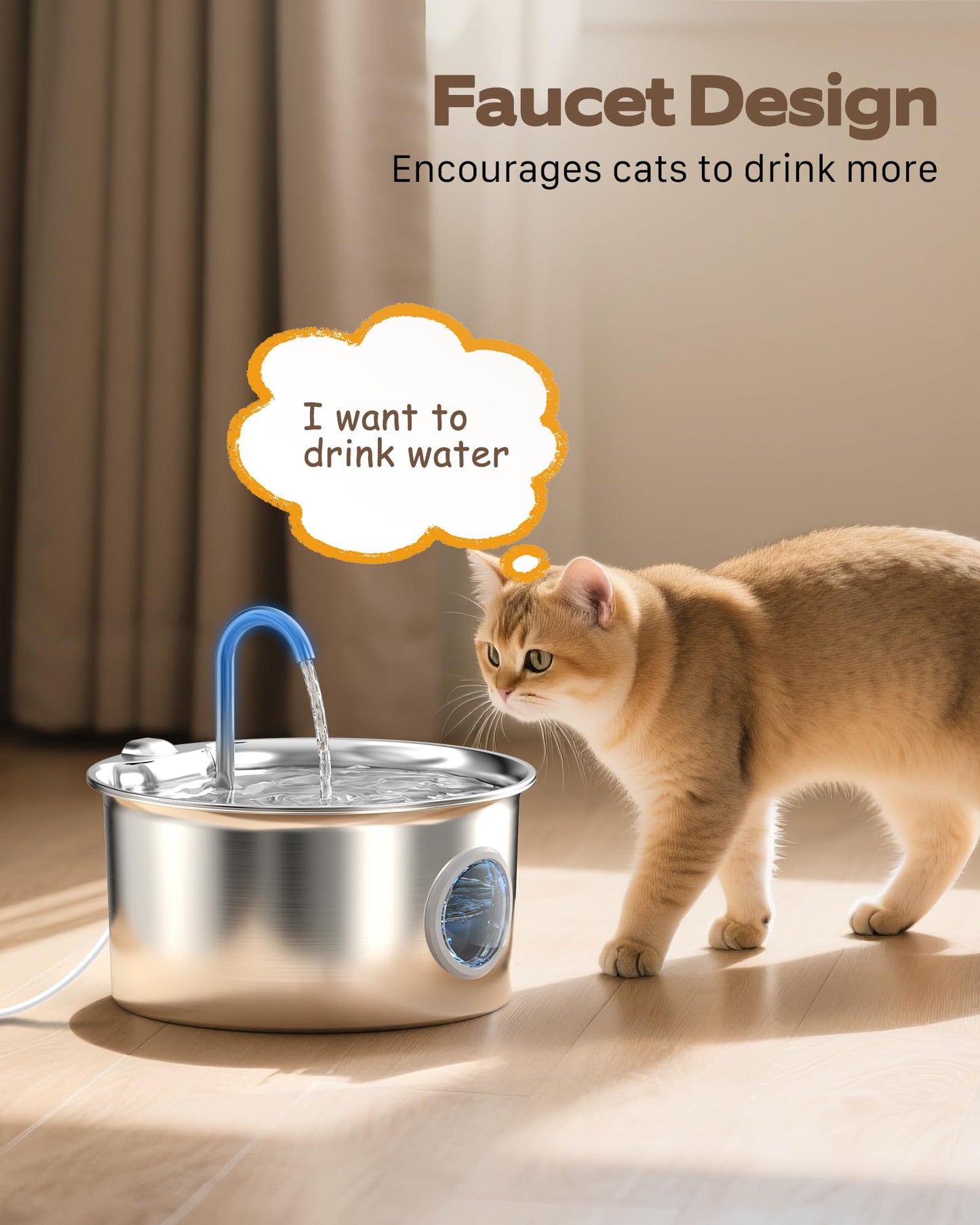 Stainless Steel Cat Water Fountain: Cat Fountain with 6 Filters + Bowl
