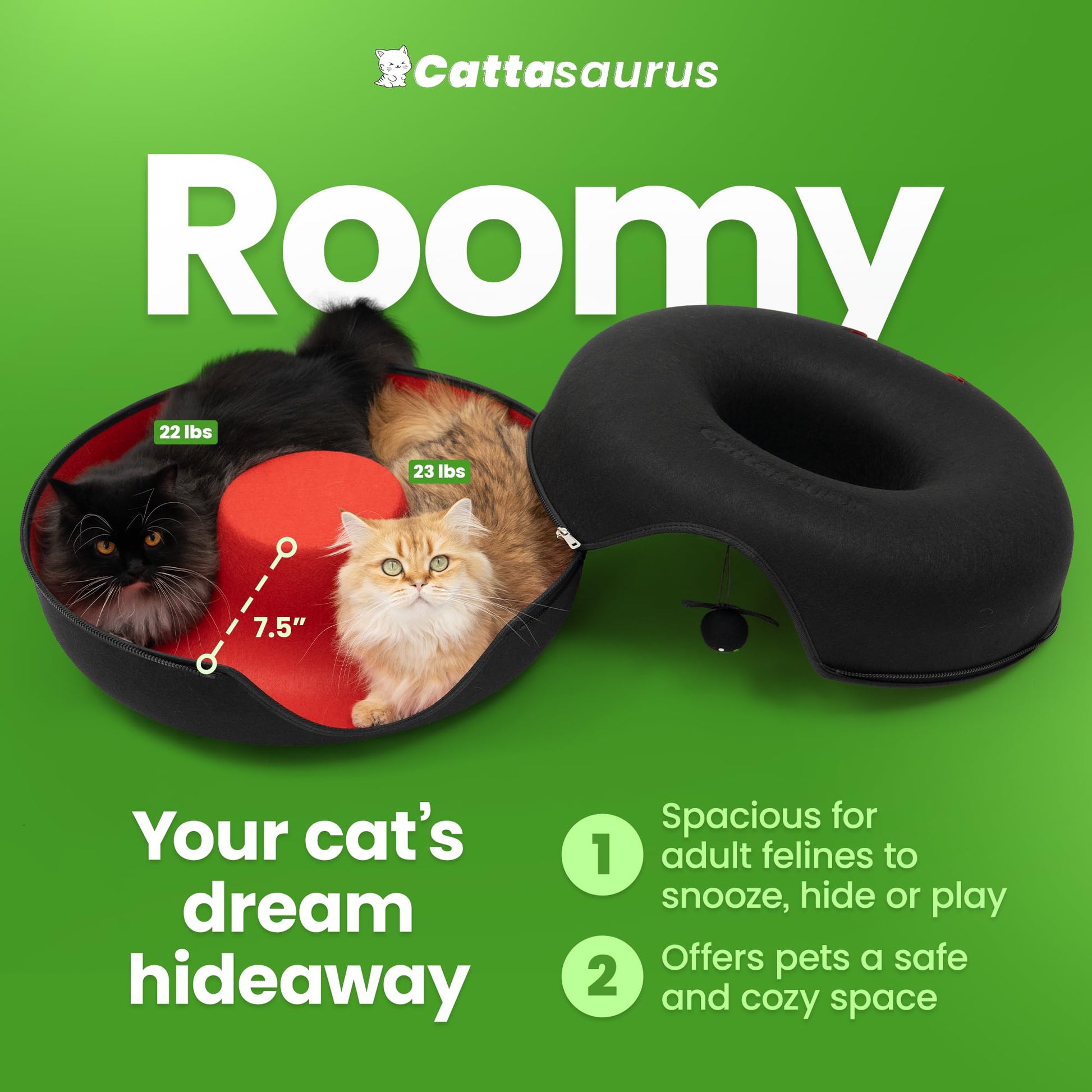 Cattasaurus Unique Peekaboo Cat Cave for Multiple Large Cats Up to Bed