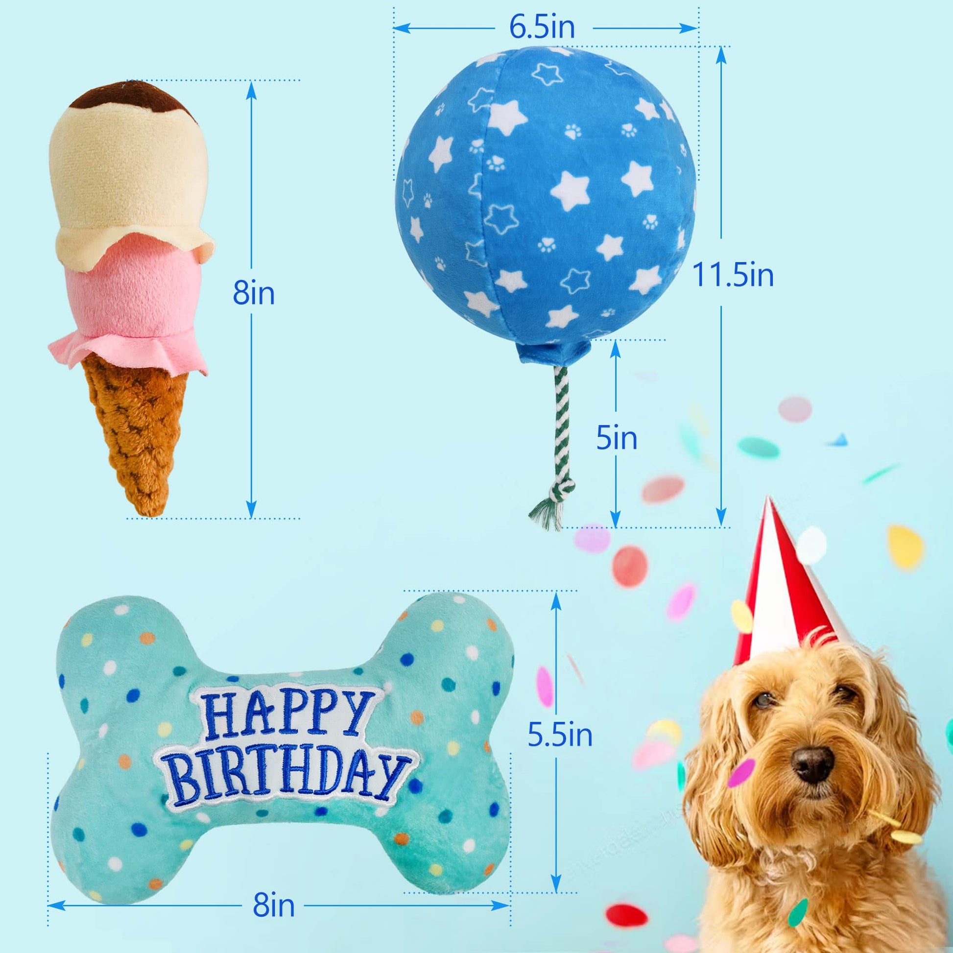 Prime Pets Dog Birthday Toys, 3 Pack, Crinkle Squeaky Dog Toys