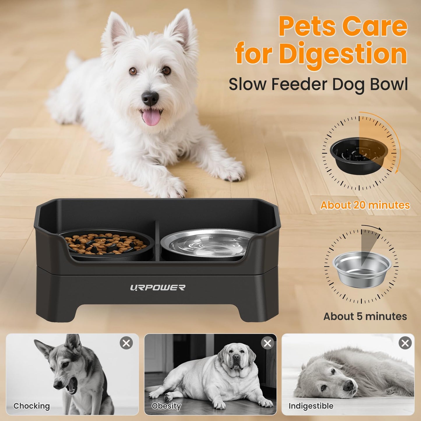 URPOWER 3-in-1 Elevated Dog Bowls Mess Proof Double Deck 4 Height Bowl