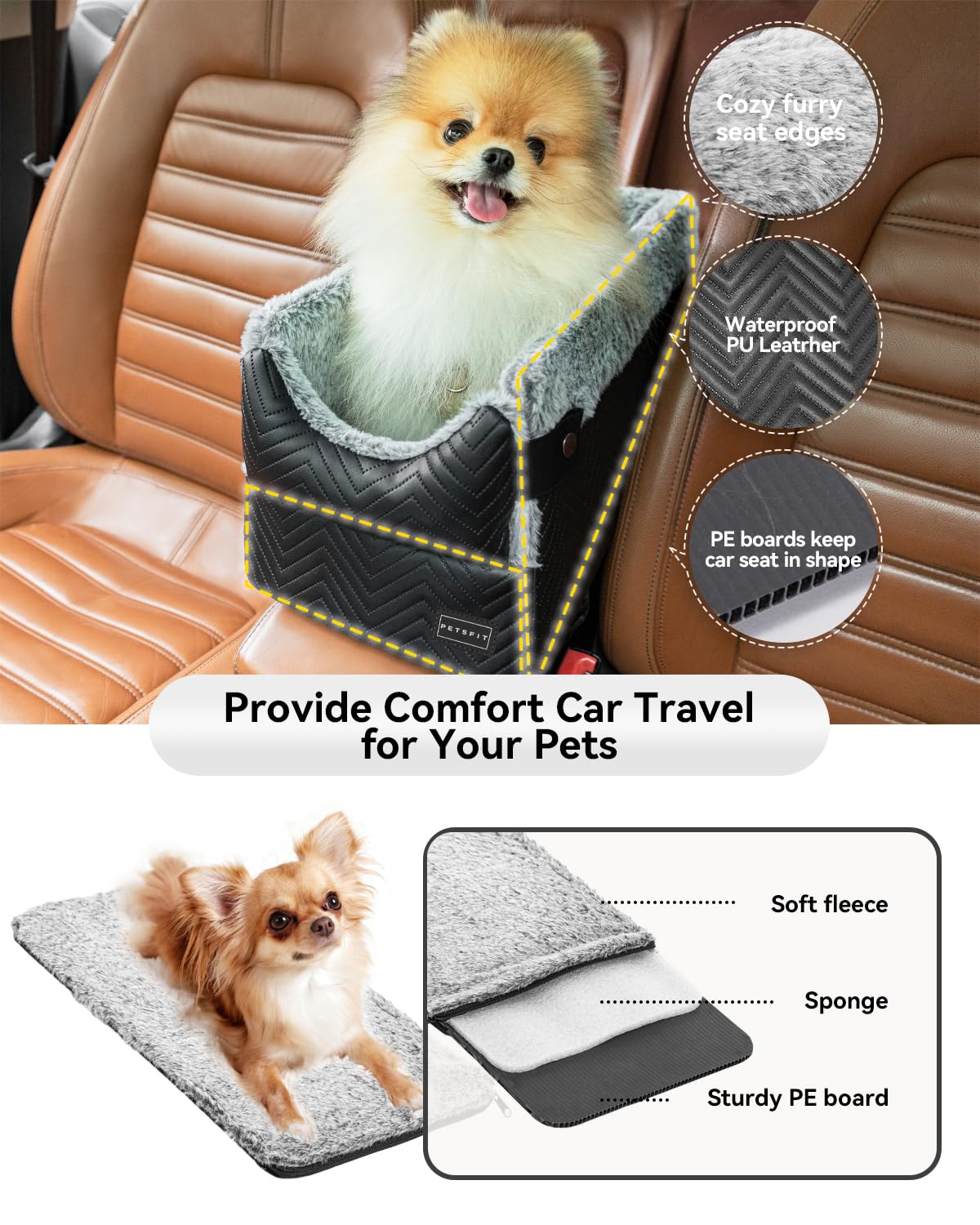 PETSFIT Center Console Dog Car Seat with Safe Protection Hooks, Seat