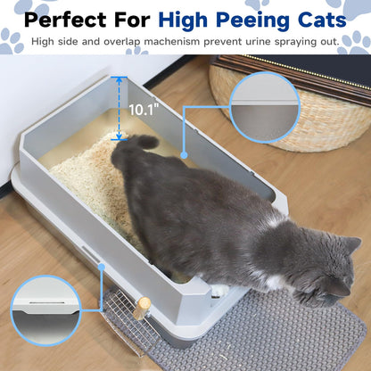 TENTIZON Stainless Steel Cat Litter Box with Lid, Large Covered Mat