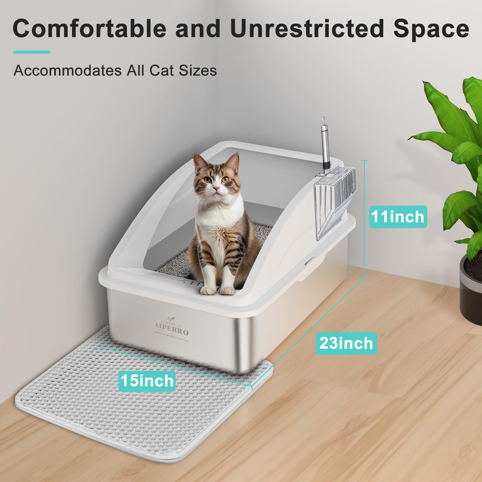 Stainless Steel Litter Box, XL Enclosed Cat Litter Boxes with Lid Mat