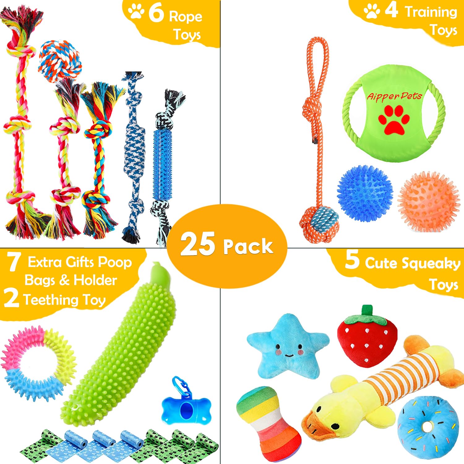 Aipper Dog Toys 25 Pack for Fun and Teeth Cleaning, Puppy Chew Toys