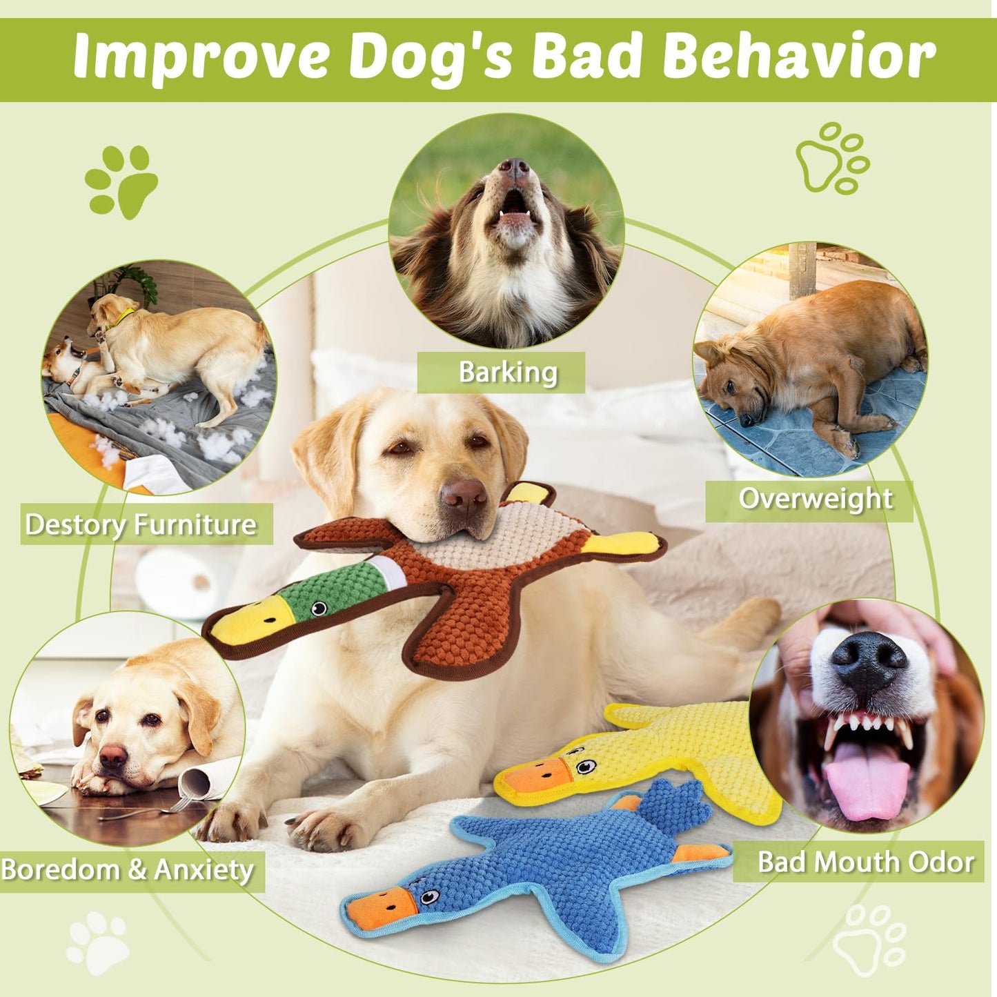 Eneston Dog Toys 3-Pack Cute Duck Shapes Puppy Toys No-Stuffing Chew