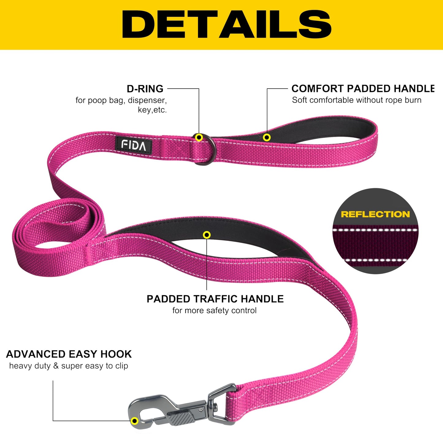 Fida Heavy Duty Dog Leash with 2 Comfortable Padded Handles, Hook