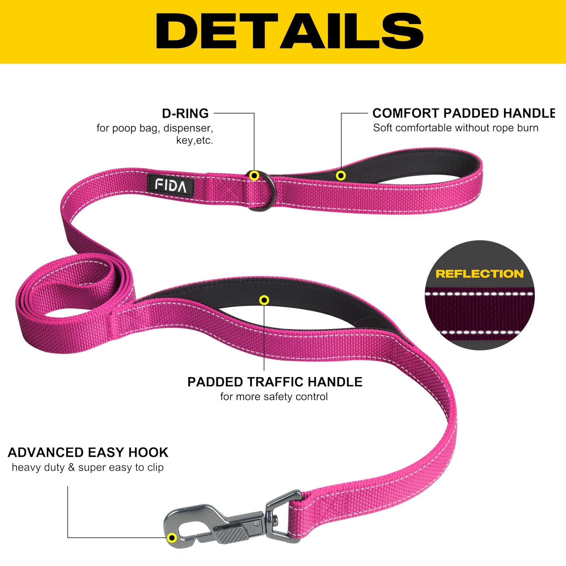 Fida Heavy Duty Dog Leash with 2 Comfortable Padded Handles, Hook
