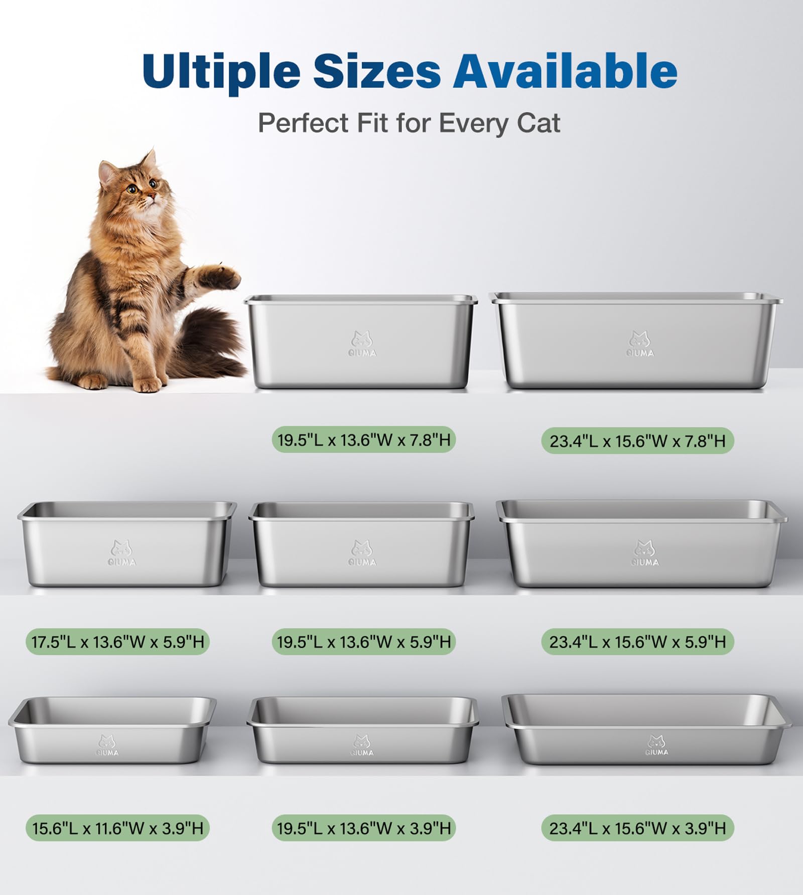 Qiuma 2 Packs Stainless Steel Cat Litter Box, 17.6" L×13.6" W×5.9" Box