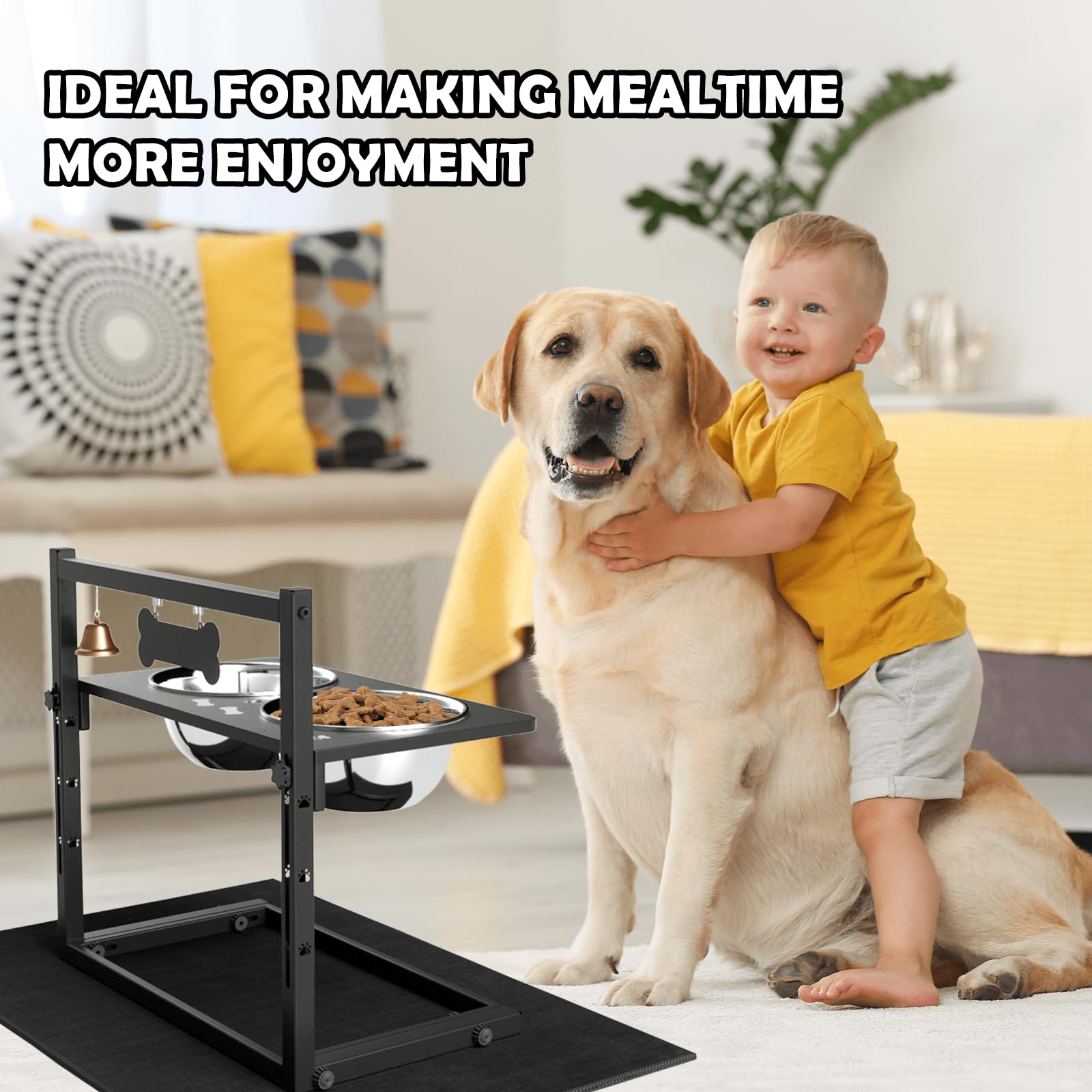 Elevated Dog Bowls with Slow Feeder and Spill Proof Mat, Mat