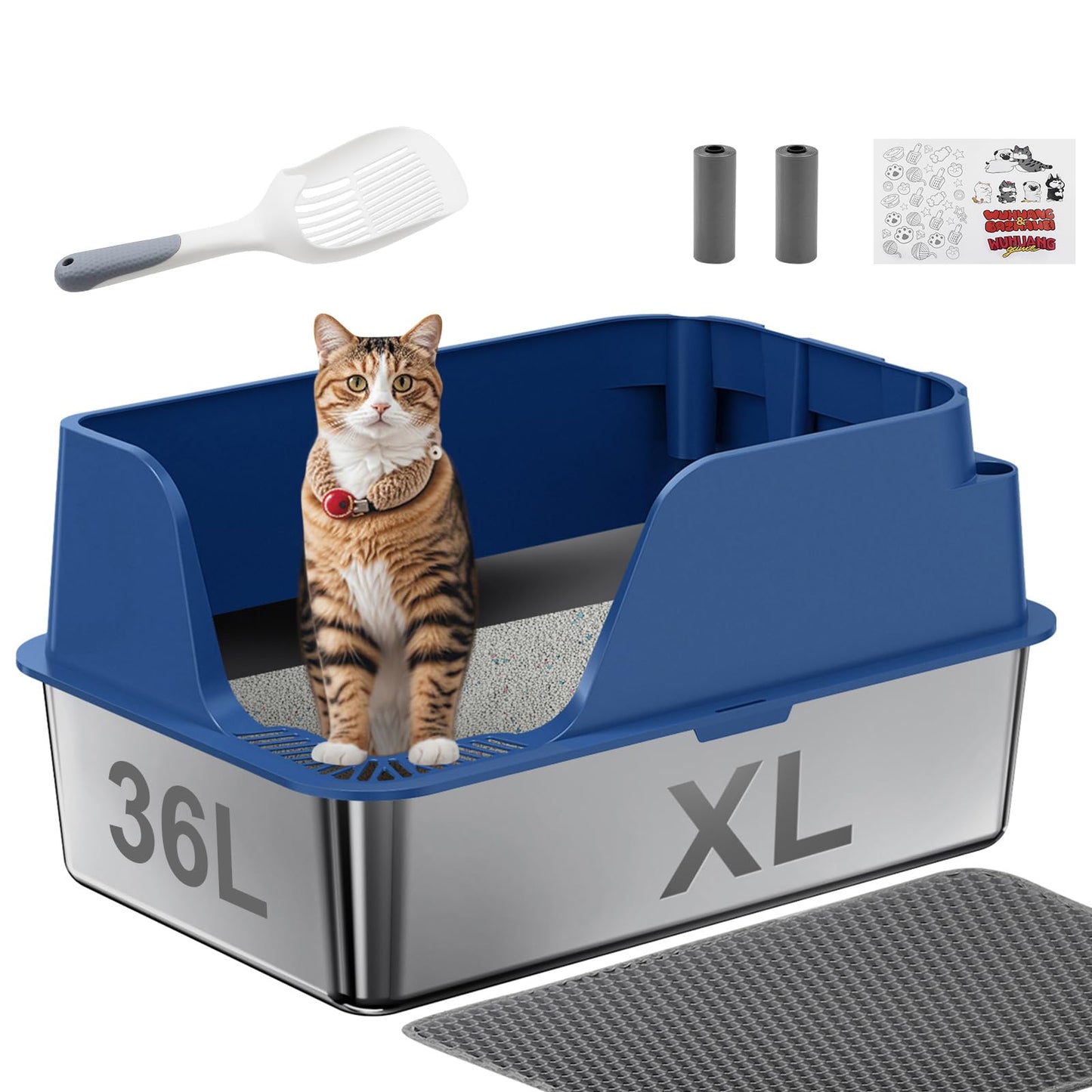 Non-stick Stainless Steel Litter Box, XL Side Opening Splash-Proof Box