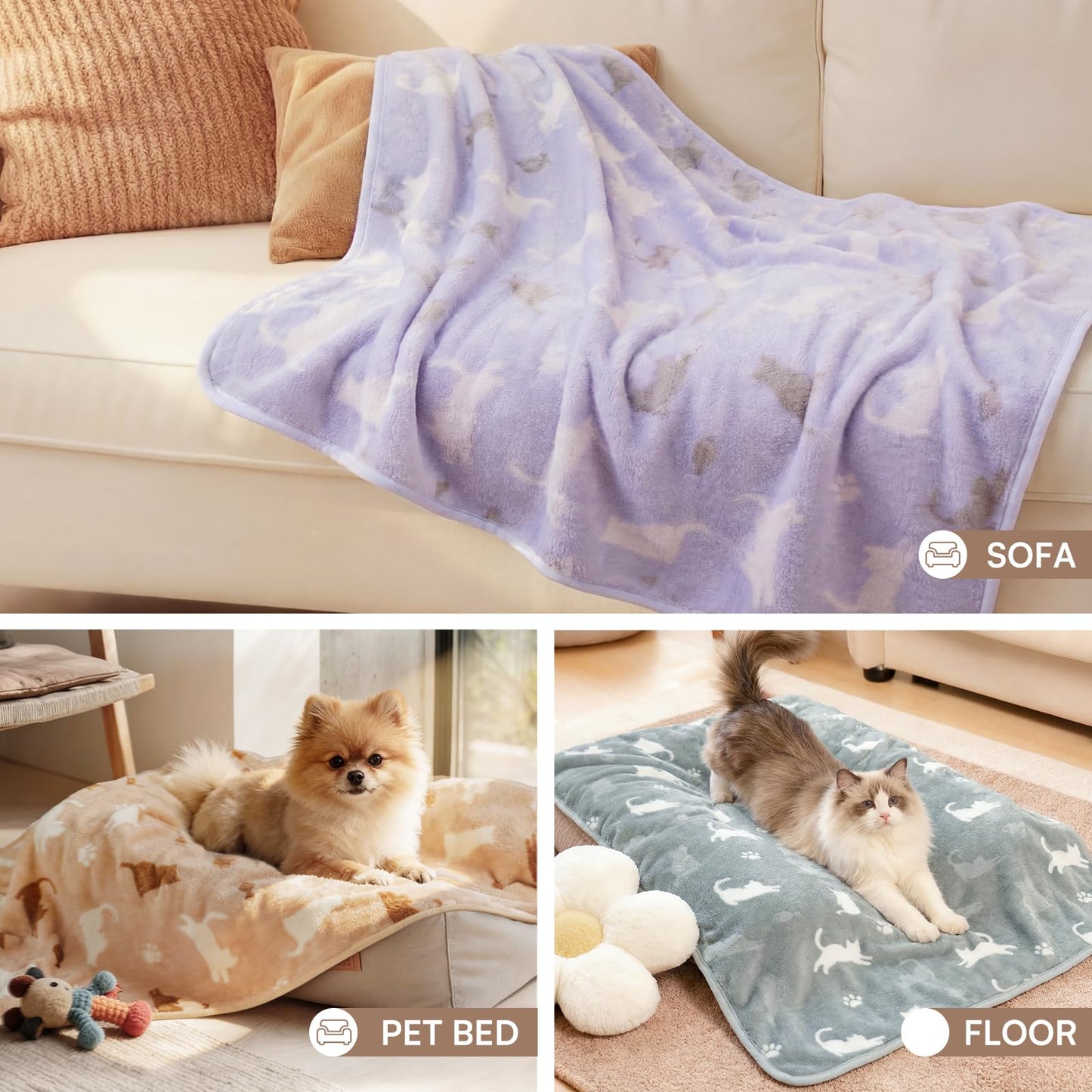 Luciphia 1 Pack 3 Blankets, Cute Cat Printed Fluffy Fleece Pet Crate