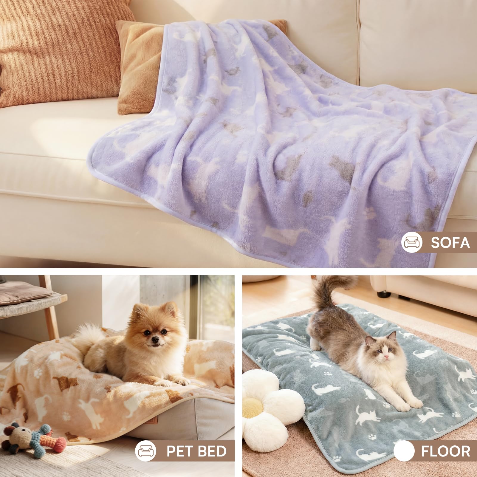 Luciphia 1 Pack 3 Blankets, Cute Cat Printed Fluffy Fleece Pet Crate