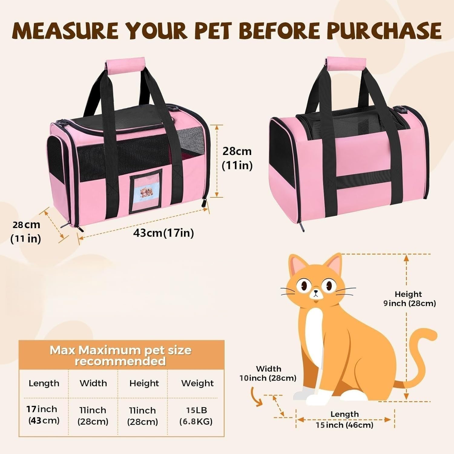 Soft Cat Carrier for Pets Up to TSA Approved for Airline in-Cabin, Bag