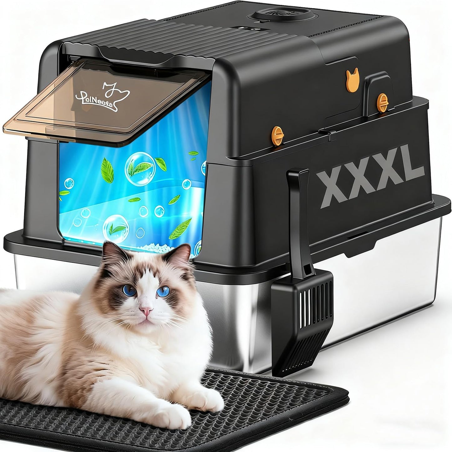 L8 Ultra-XXXL Stainless Steel Litter Box with Smart Odor Control Mat