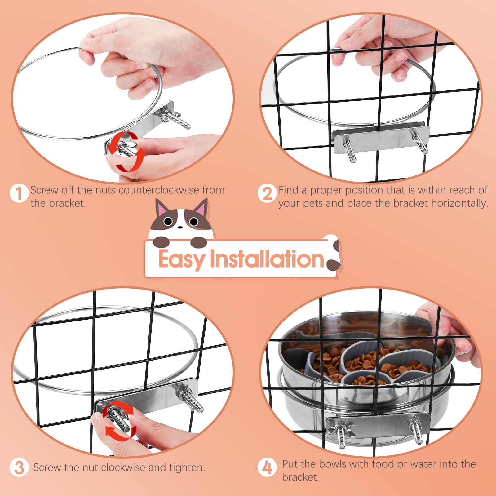 2 Pcs Large Pet Dog Food Water Bowl with Slow Feeder Insert for Cage
