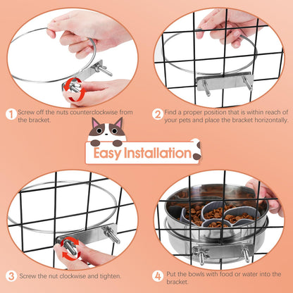 2 Pcs Large Pet Dog Food Water Bowl with Slow Feeder Insert for Cage