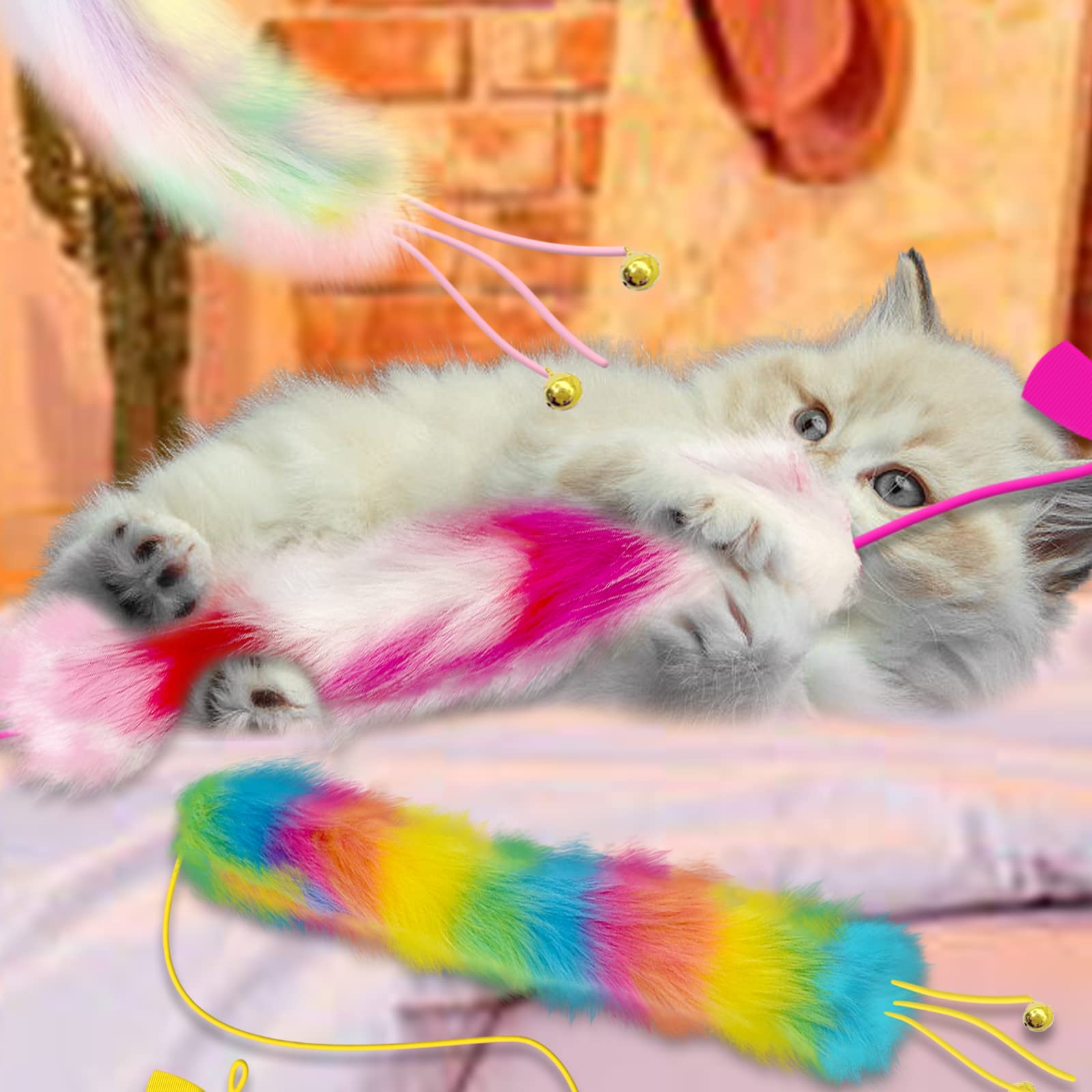 Lepawit 3 Pack Cat Wand Toy, Rainbow Cat Feather Toys with Bells Wand