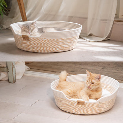 CHEERHOME PETS Cat Bed Basket with Cushion, Cotton Rope Woven Pet Bed