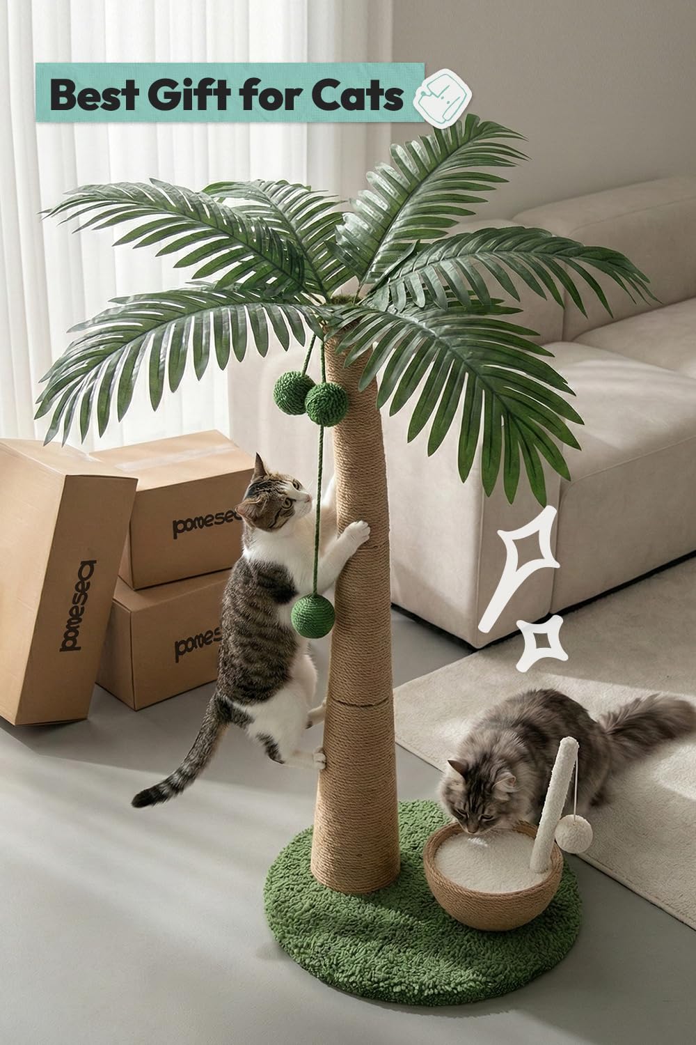 POMESEA 33" Tall Cat Scratching Post, Natural Jute Cat Scratcher Ball