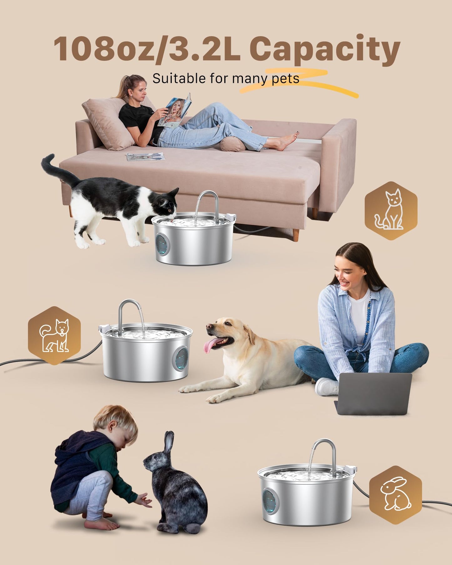 Pet Water Fountain Stainless Steel: Cat Water Fountains Bowl