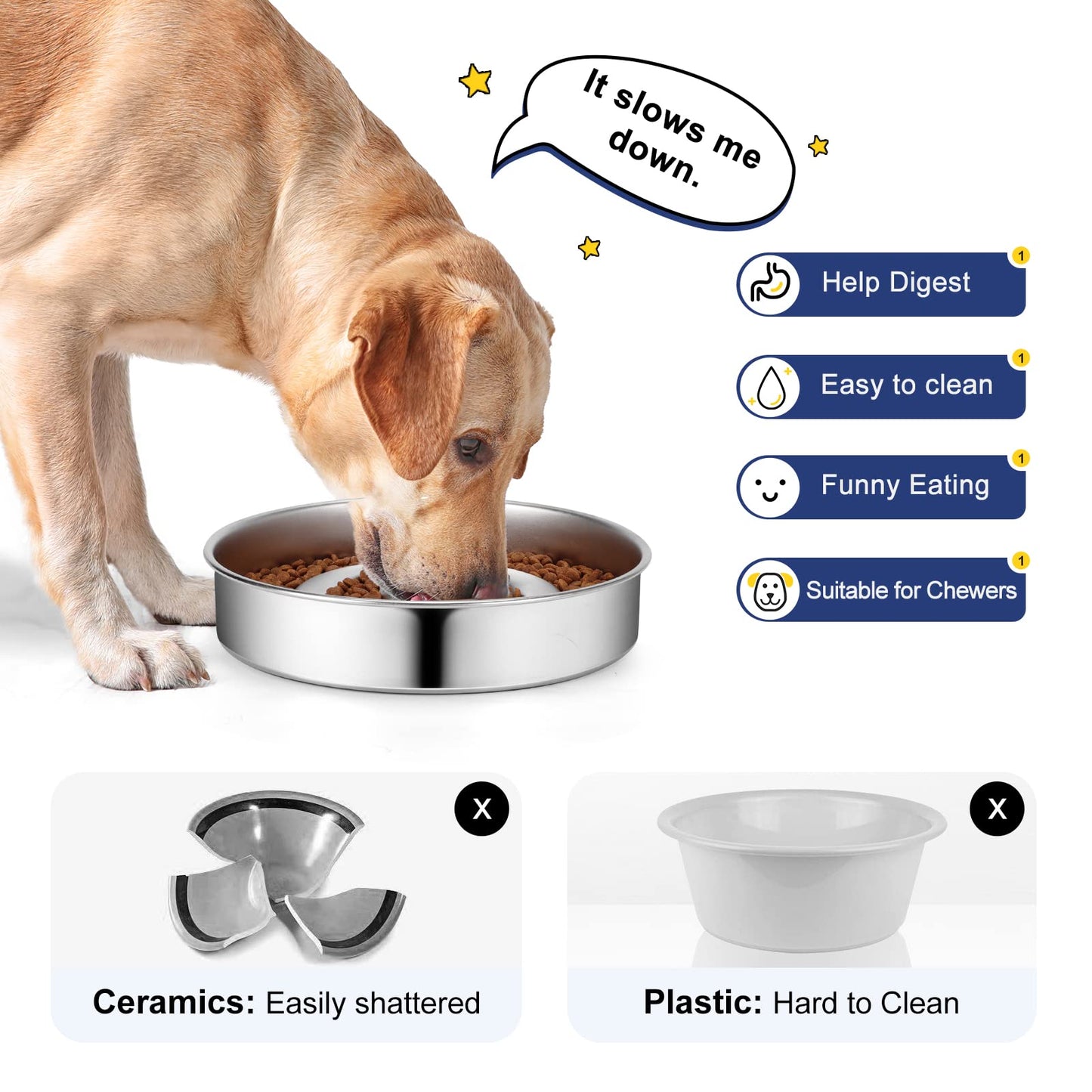 AIPERRO Stainless Steel Non Slip Slow Feeder Dog Bowl, 4 Cups Bowl