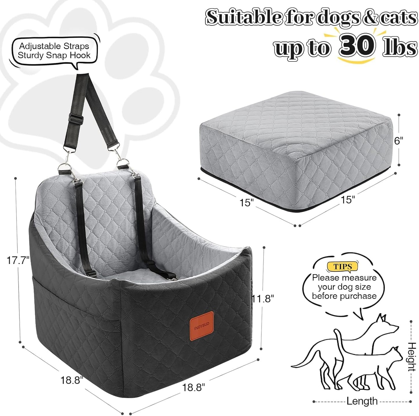 INDYBUD Dog Car Seat for Small Medium Dogs,Detachable Washable Seat