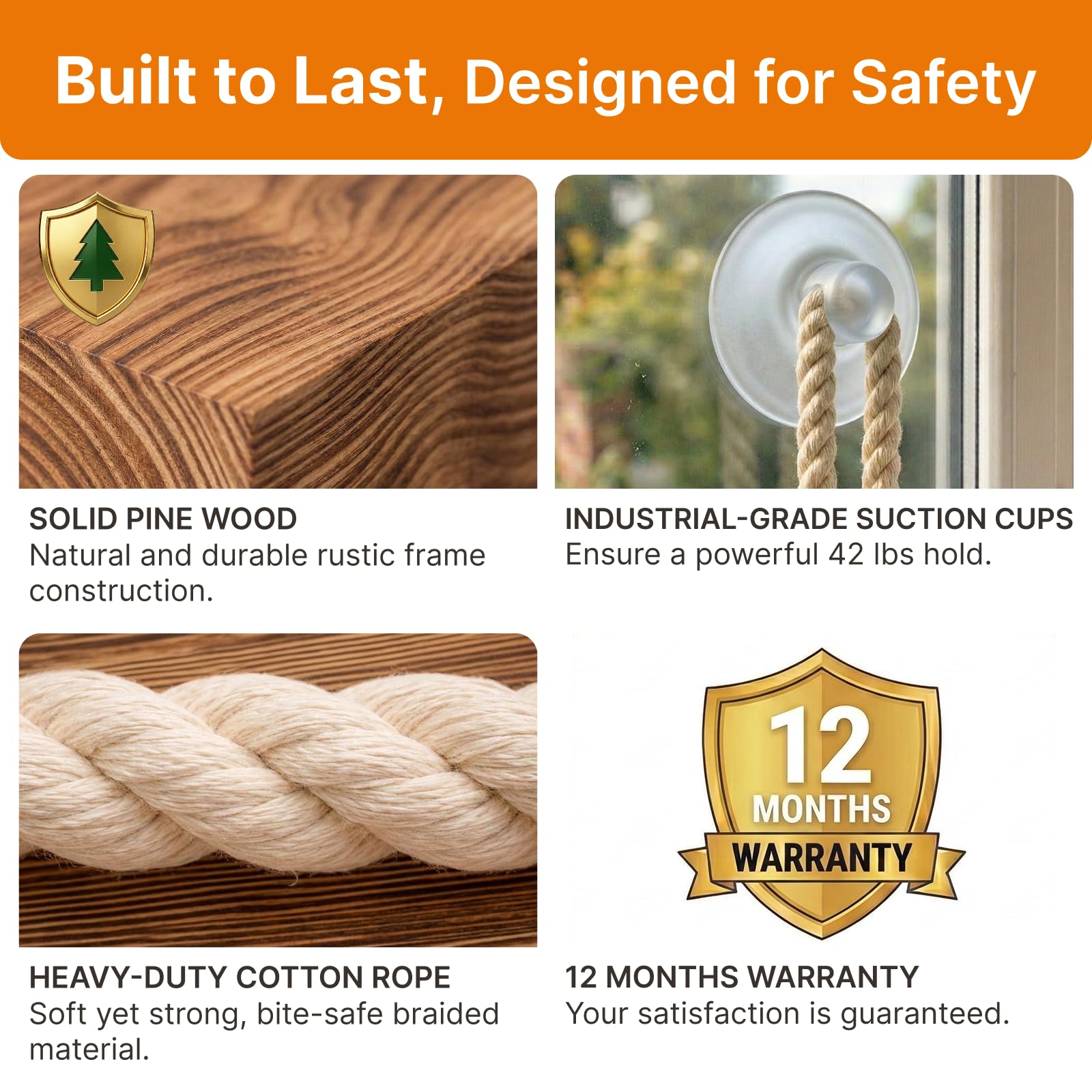 Cat Hammock with Industrial-Grade Suction Cups Solid Pine Wood Cushion