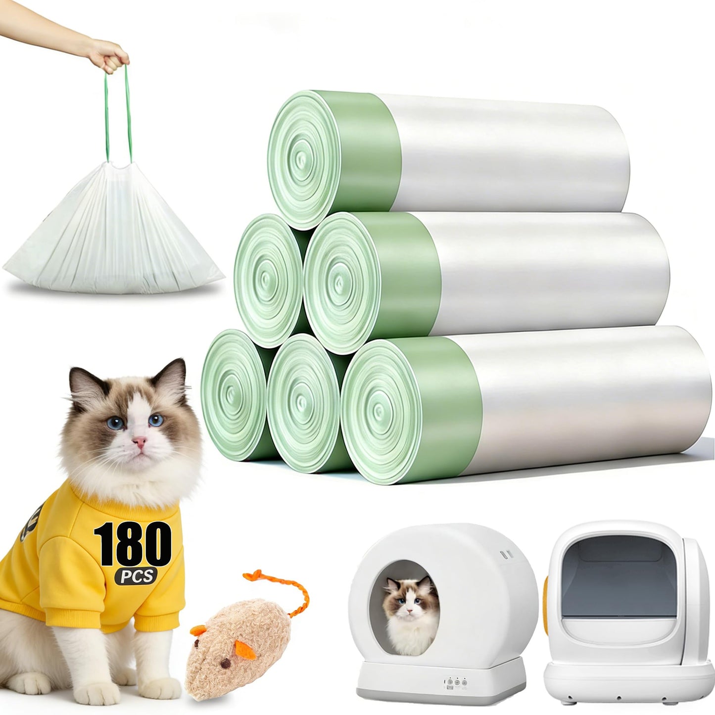 180 Count Self-Cleaning Cat Litter Box Liners Bags Fit Box