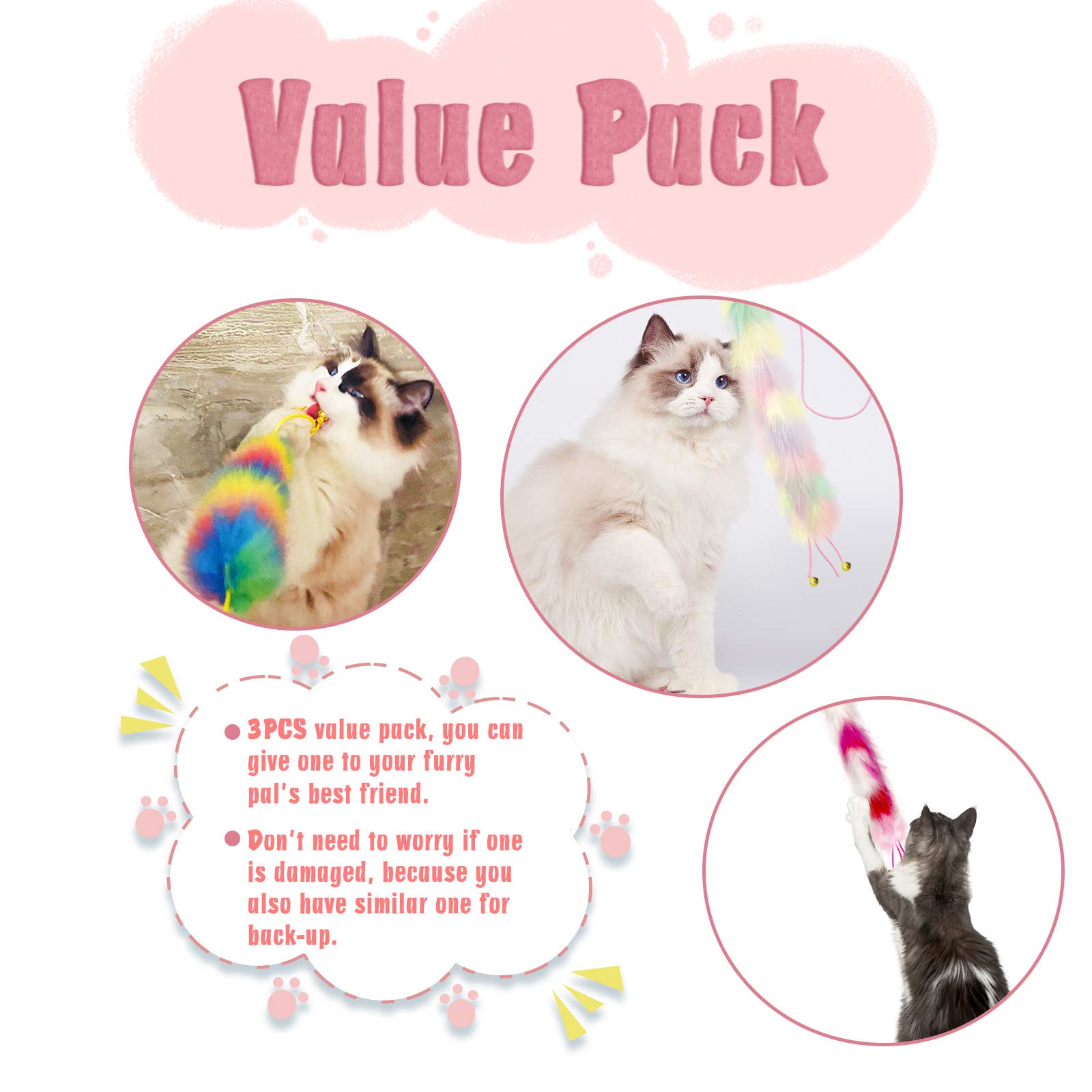 Lepawit 3 Pack Cat Wand Toy, Rainbow Cat Feather Toys with Bells Wand