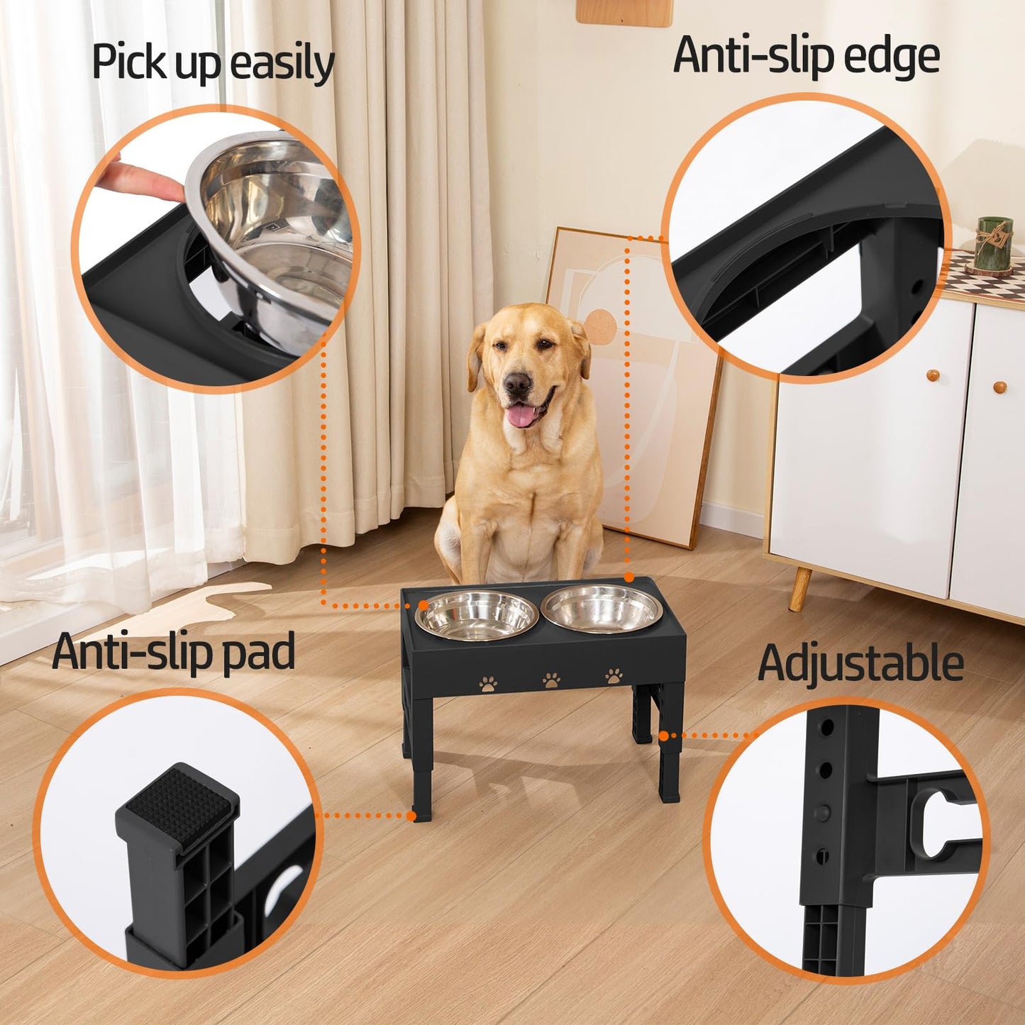 Elevated Dog Bowls with 2 Stainless Steel Bowls, 5-Height Feeder