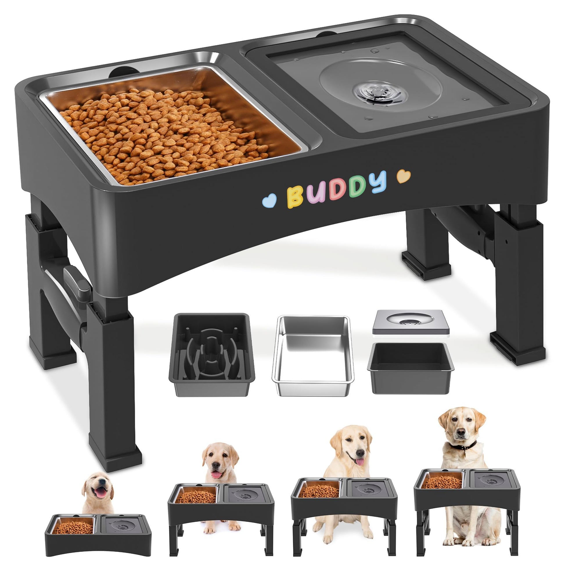 Decflow 3-in-1 Elevated Dog Bowls, 4 Height Adjustable Raised Bowl
